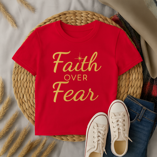 “Faith Over Fear Christian T-shirt in red displayed in flat-lay style”