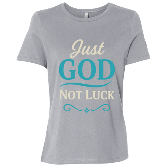 Women’s Christian t-shirt with Just GOD Not Luck design printed on Bella Canvas. Teal and cream letters on a light gray t shirt