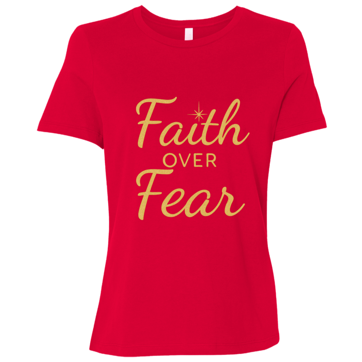Red t-shirt with 'Faith Over Fear' text in gold