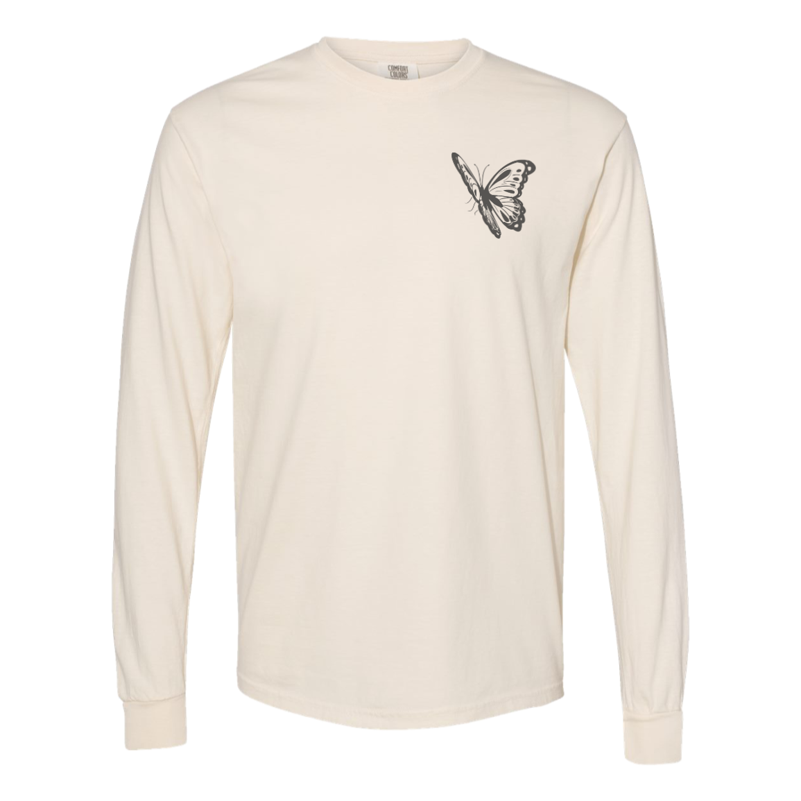Ivory Comfort Colors long sleeve with coordinating butterfly left chest graphic.