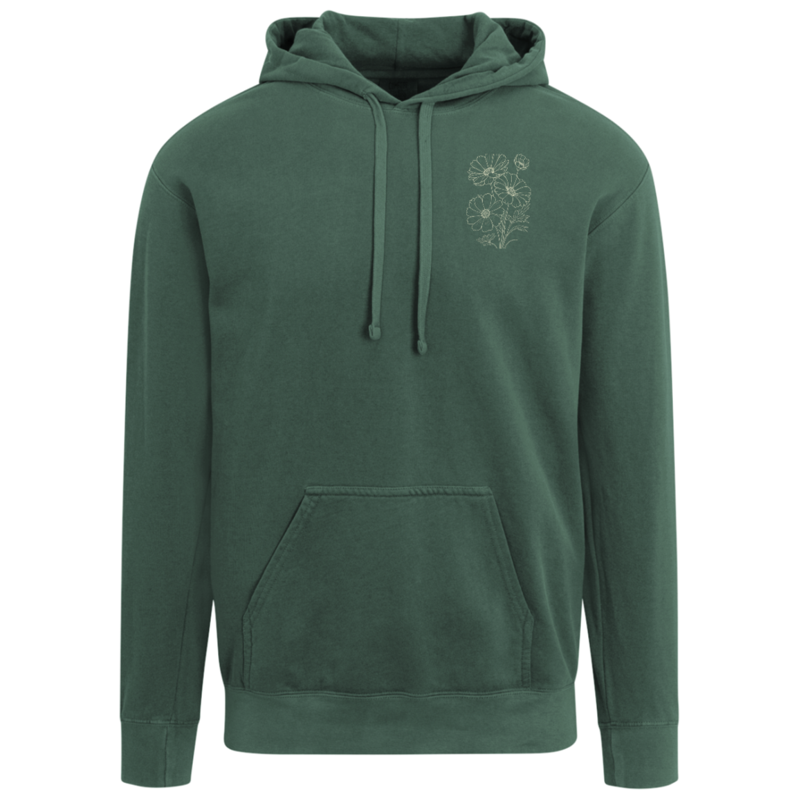 Blue Spruce Comfort Colors hoodie with Rooted in Love floral back print and coordinating floral front design.
