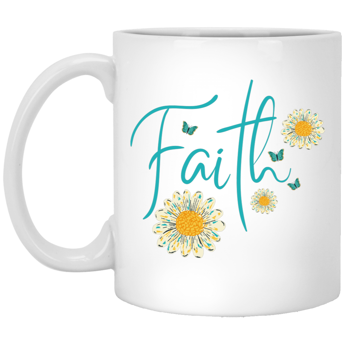 11 oz ceramic coffee mug featuring the Faith Floral inspirational design
