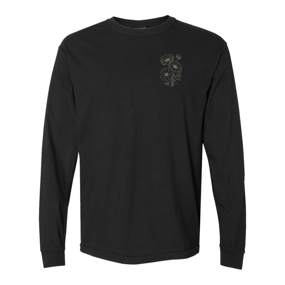 Black Comfort Colors long sleeve with Rooted in Love floral back print and coordinating floral front design.