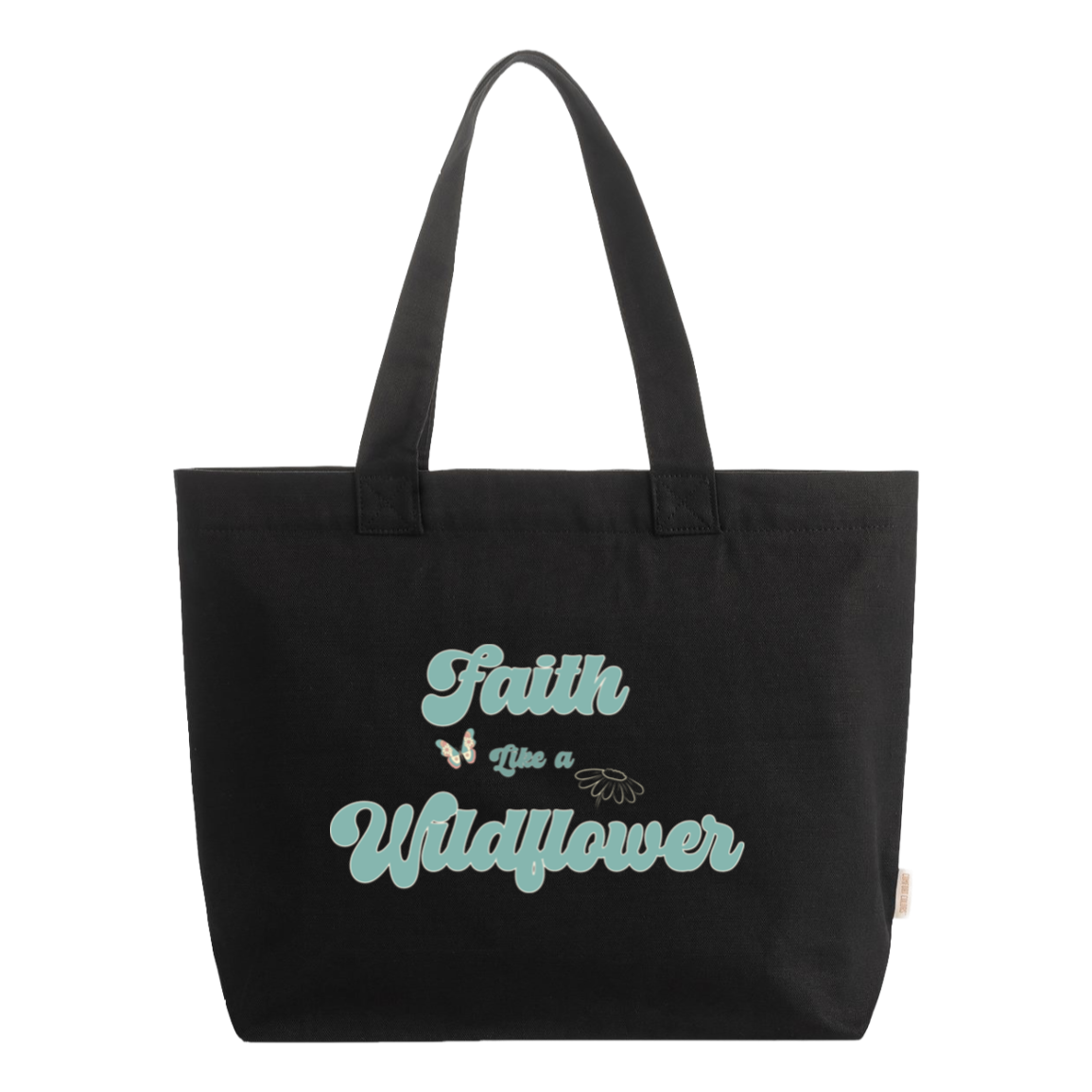 Faith Like a Wildflower Comfort Colors zip tote in black featuring a soft retro floral design with vintage-inspired lettering on durable cotton canvas with zip-top closure.
