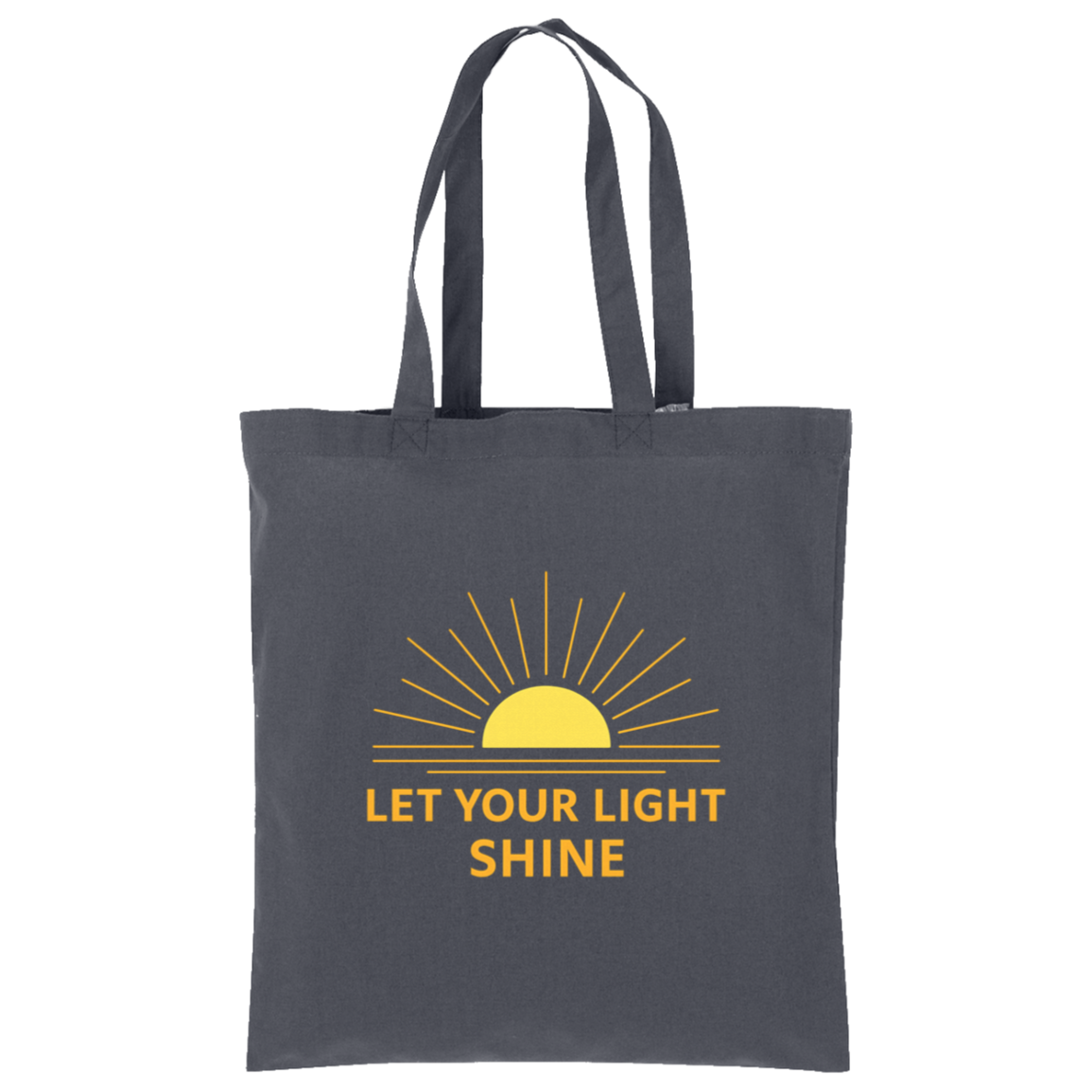 Gray tote bag with yellow sun graphic and 'Let Your Light Shine' text on a white background