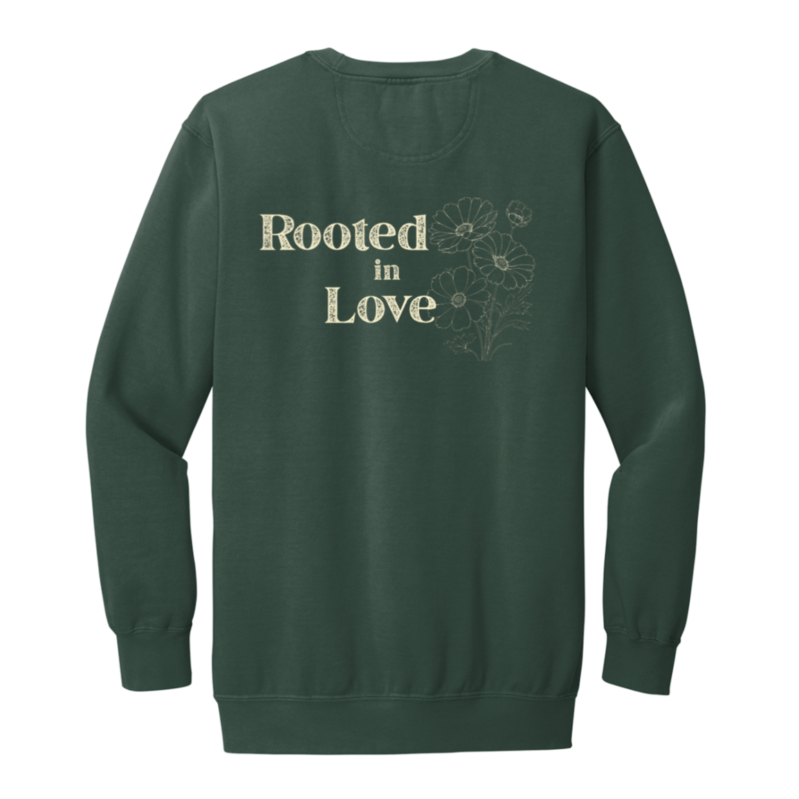 Blue Spruce Comfort Colors crewneck featuring the Rooted in Love floral back print and coordinating floral front design.