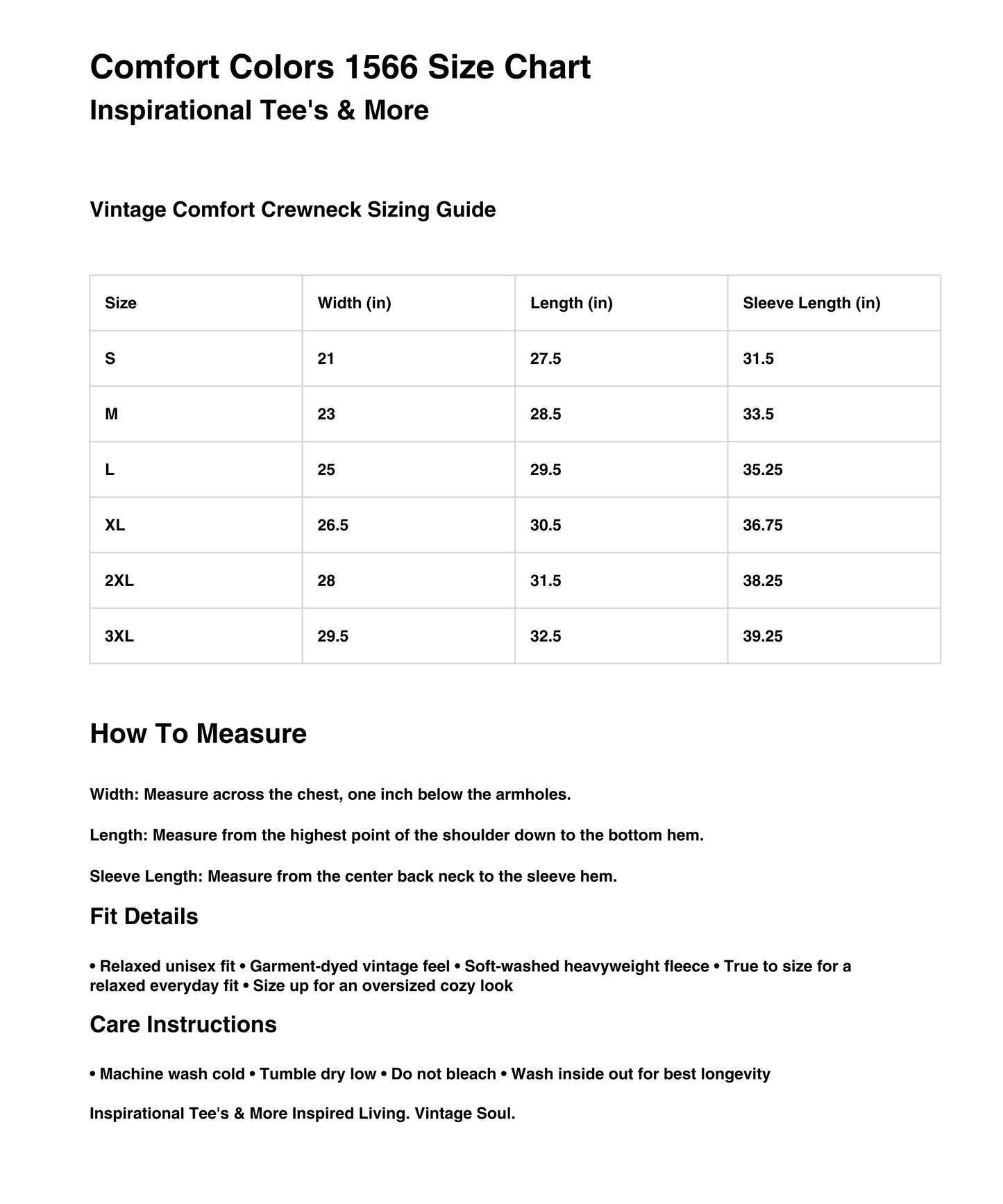 Comfort Colors 1566 crewneck sweatshirt size chart showing width, length, and sleeve measurements for sizes S through 3XL with fit and care information from Inspirational Tee's & More.