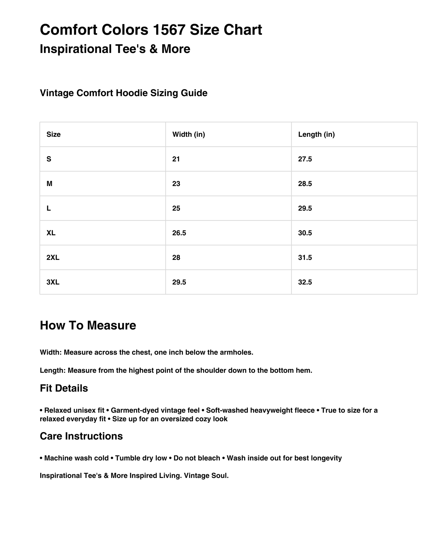 Comfort Colors 1567 hoodie size chart showing width and length measurements for sizes S through 3XL with fit and care information from Inspirational Tee's & More.