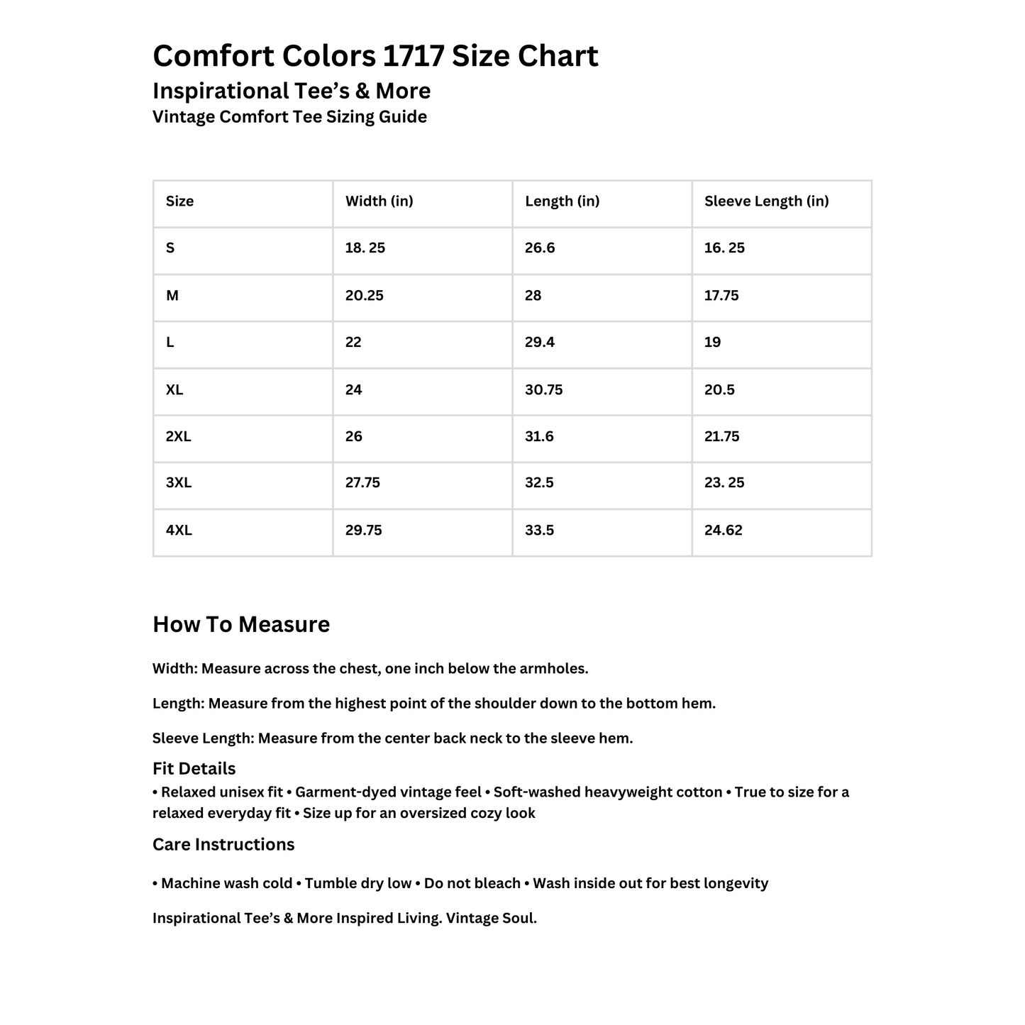 Size chart for Comfort Colors 1717 vintage comfort tee with measurements and care instructions.