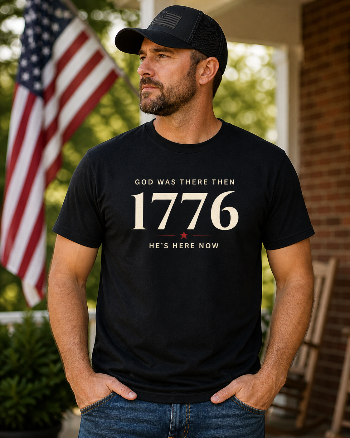 Vintage-inspired woman wearing a Bella+Canvas faith and freedom t-shirt featuring the "God Was There Then — He's Here Now" design on the front. Soft unisex patriotic graphic tee from the American Soul Collection.