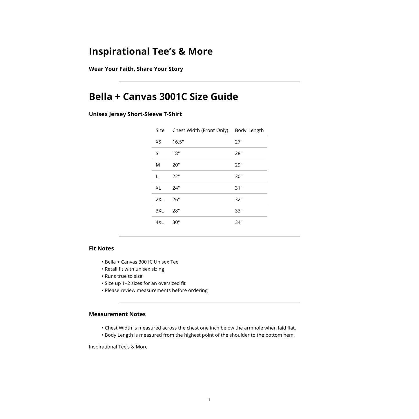 Bella + Canvas 3001 Unisex Tee Size Chart. Measurements provided for sizes XS-5XL to help customers select their preferred fit.

