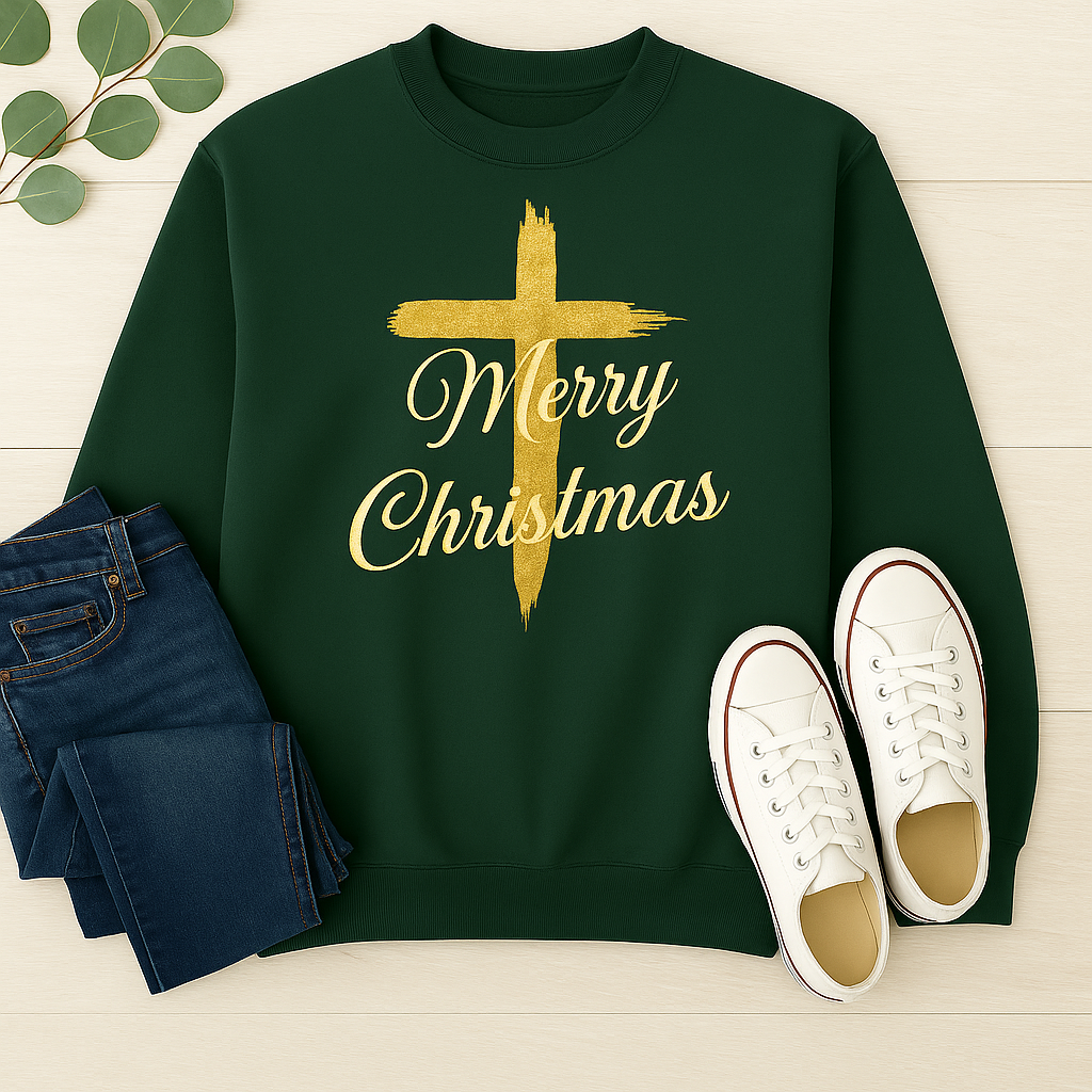 Faith-based Merry Christmas clothing – gold cross design”