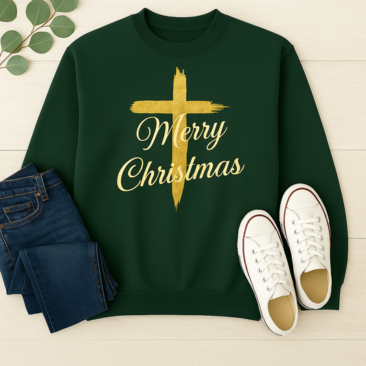 Faith-based Merry Christmas clothing – gold cross design”