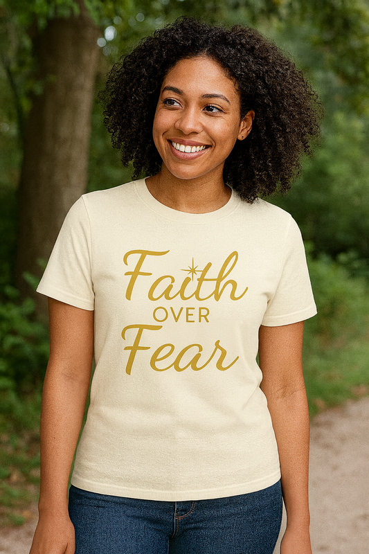 “Faith Over Fear Christian T-shirt in cream worn by woman outdoors”
