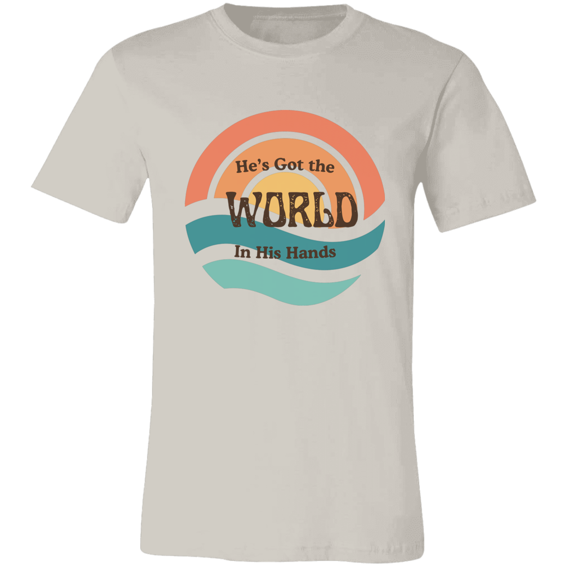 He's Got the Whole World vintage soul graphic tee featuring retro sunset colors and an uplifting faith-inspired message on a Bella + Canvas shirt