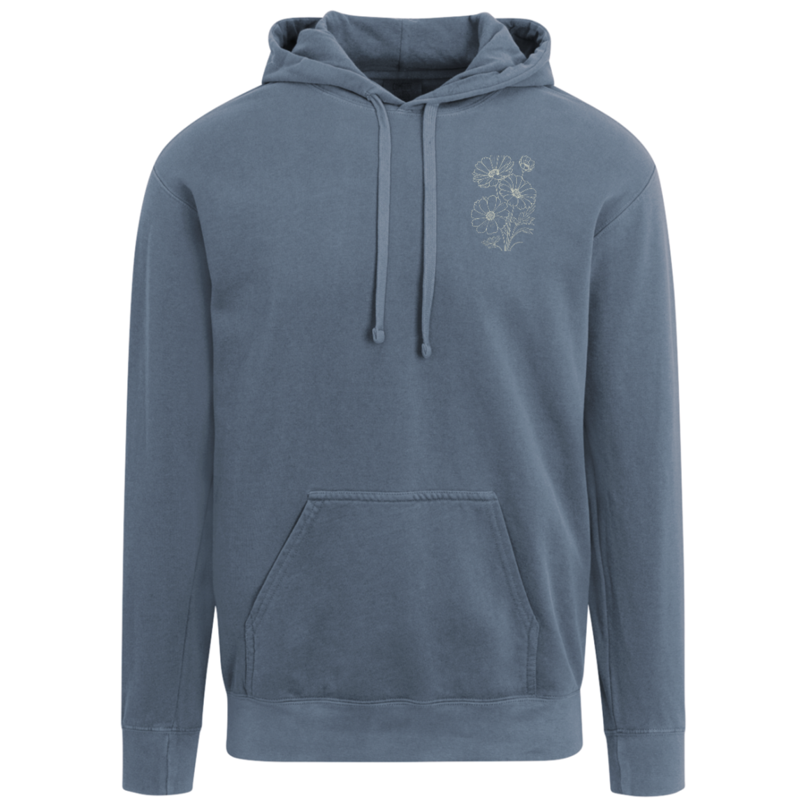 Blue Jean Comfort Colors hoodie with matching floral left chest graphic.