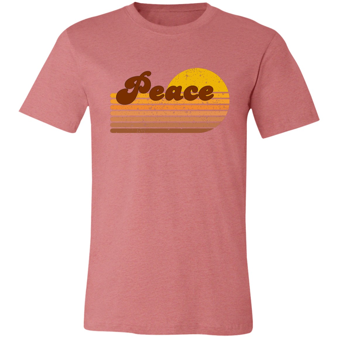 Heather mauve Peace Retro Revival Graphic Tee featuring distressed retro lettering and vintage sunset stripes on a Bella + Canvas shirt