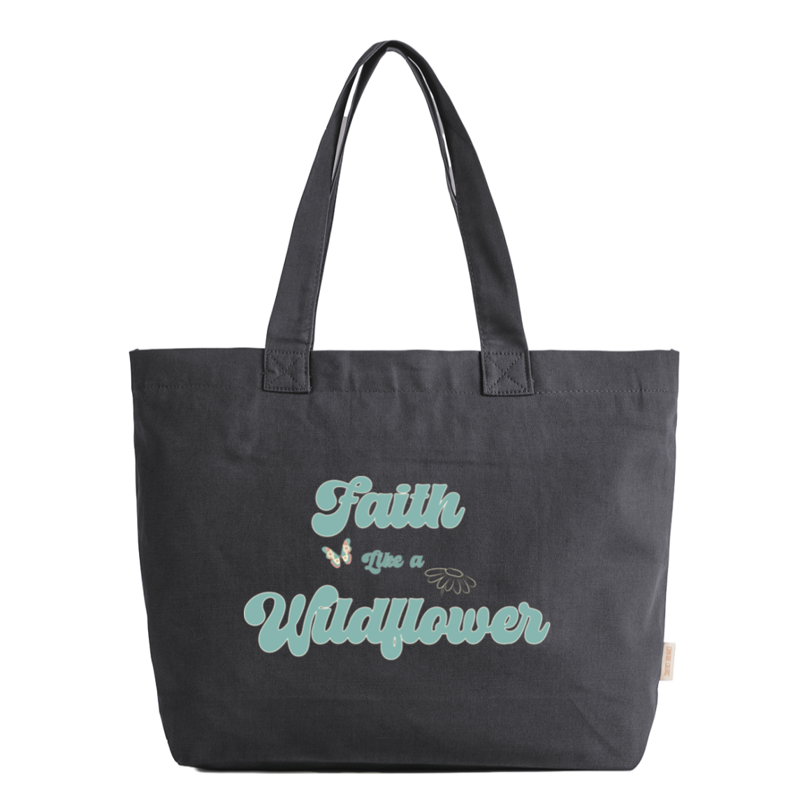 Faith Like a Wildflower Comfort Colors zip tote in graphite featuring a soft retro floral design with vintage-inspired lettering on durable cotton canvas with zip-top closure.
