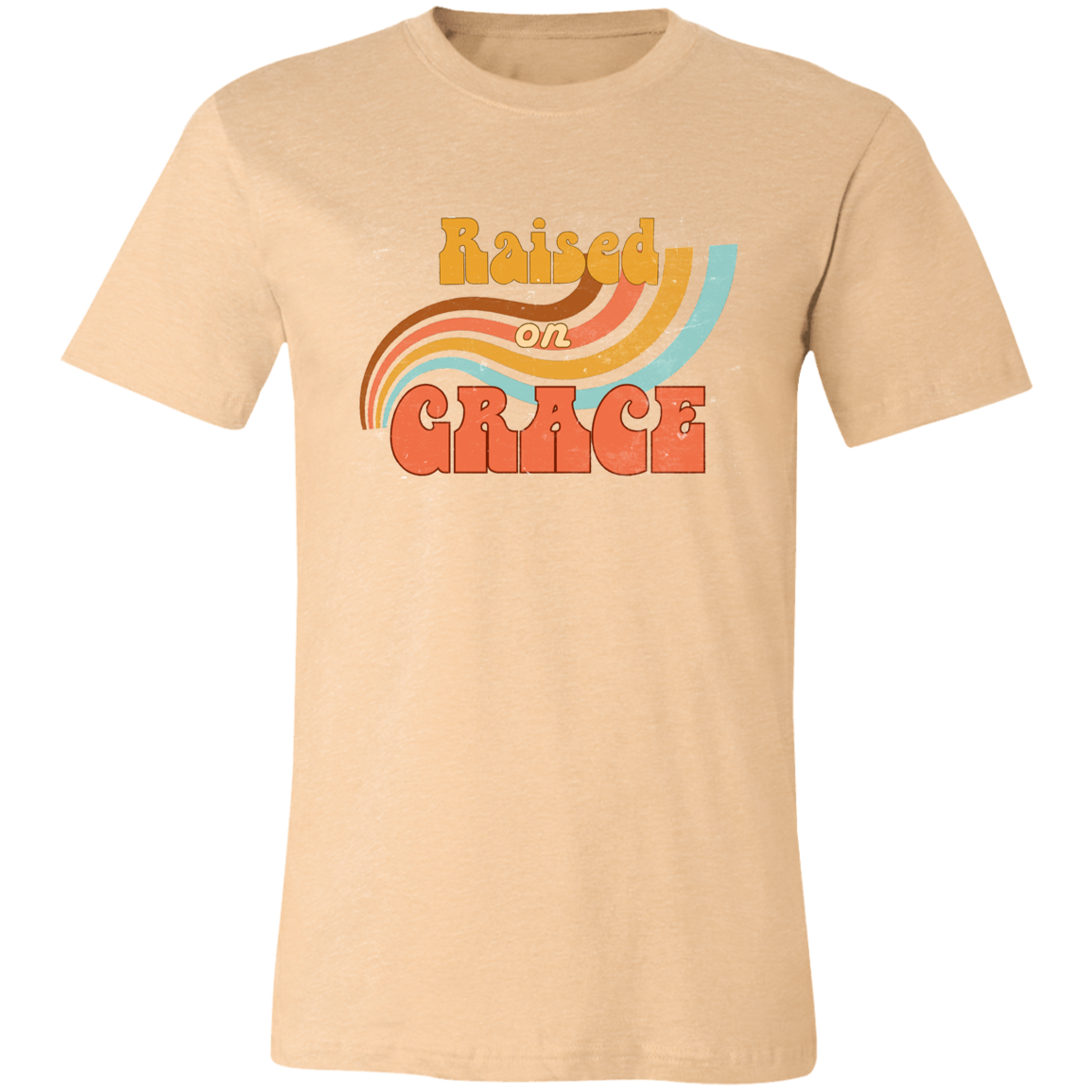 Raised on Grace distressed vintage graphic tee featuring retro typography and a worn-in nostalgic design on a Bella + Canvas shirt