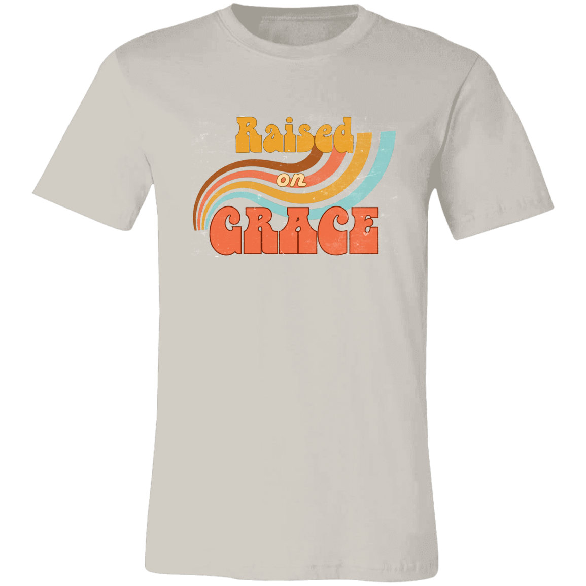 Raised on Grace distressed vintage graphic tee featuring retro typography and a worn-in nostalgic design on a Bella + Canvas shirt