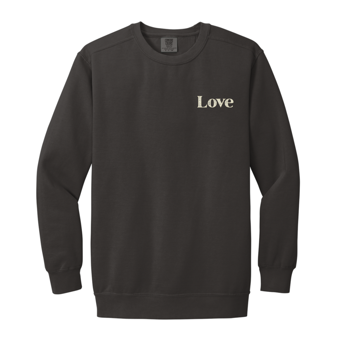 Pepper Comfort Colors crewneck sweatshirt with a small cream Love design printed on the front left chest.