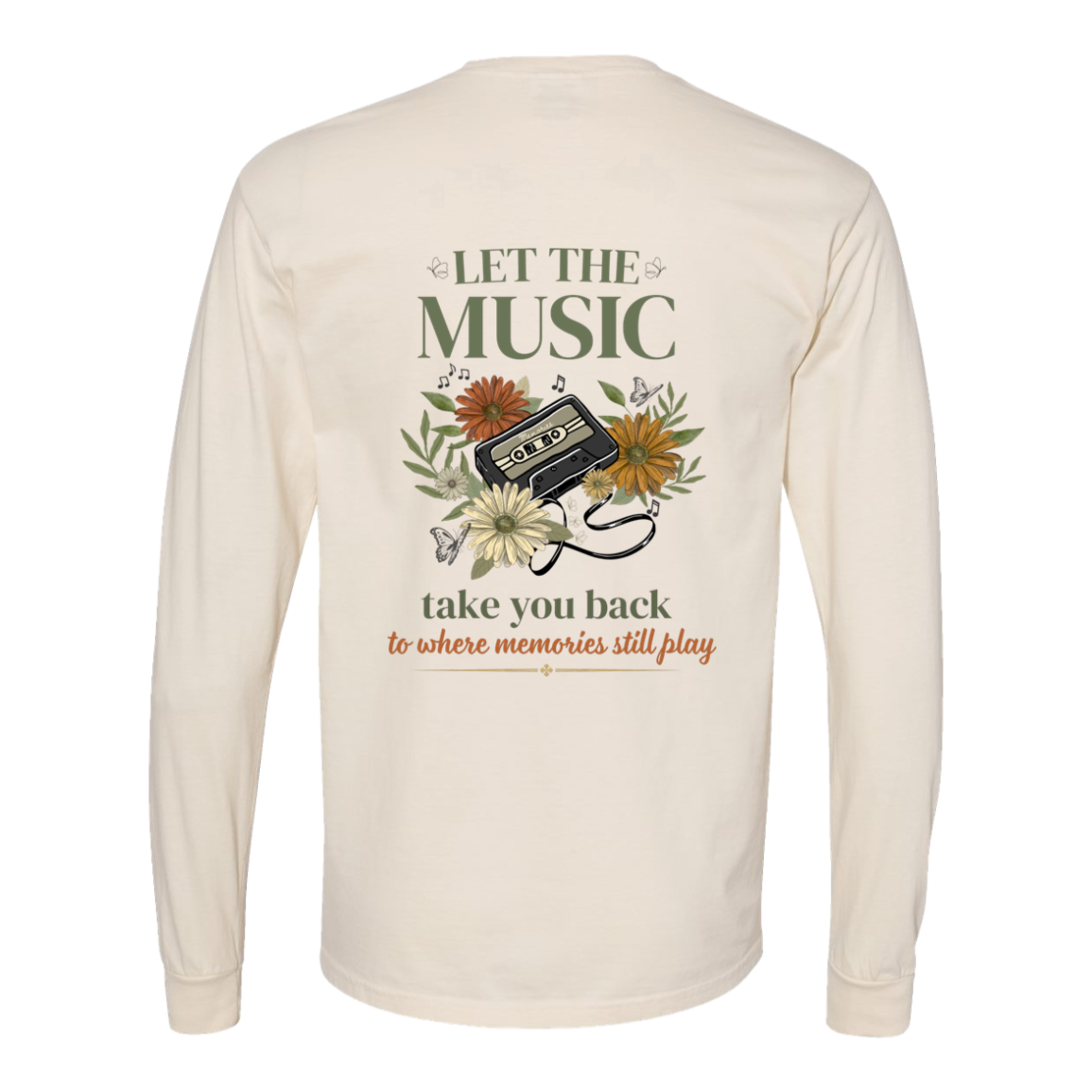 Ivory Comfort Colors long sleeve featuring nostalgic cassette back artwork.