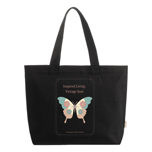 Black Comfort Colors® zip tote bag featuring vintage butterfly artwork and Inspired Living Vintage Soul design from The Signature Vintage Collection.
