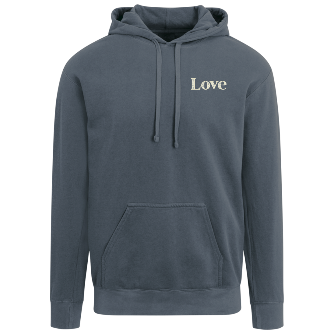 Denim Comfort Colors hoodie with a small distressed cream Love design on the front left chest.