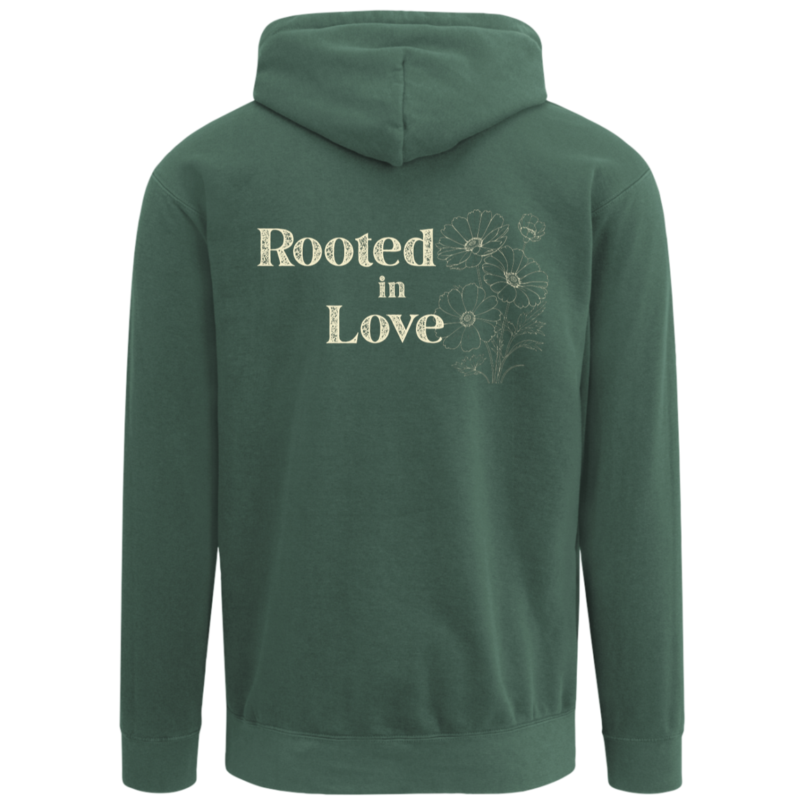 Back view of Comfort Colors Blue Spruce hoodie featuring large Rooted in Love floral graphic in a warm vintage home setting.
