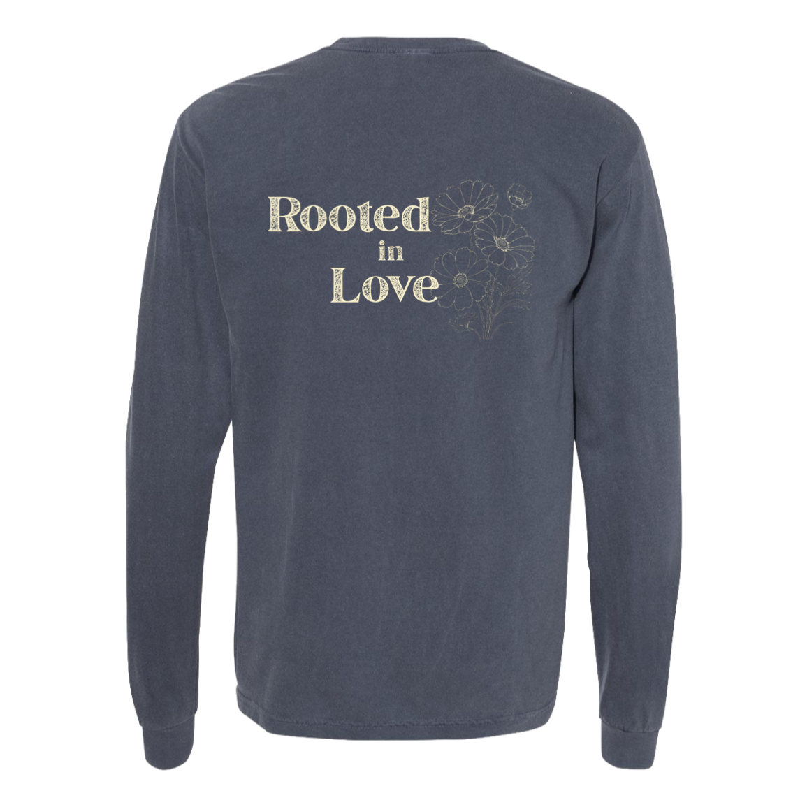 Denim Comfort Colors long sleeve featuring vintage-inspired floral artwork.