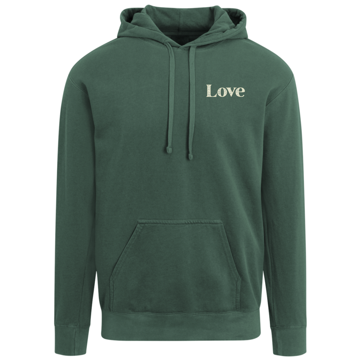 Blue Spruce Comfort Colors hoodie with a small distressed cream Love design on the front left chest.