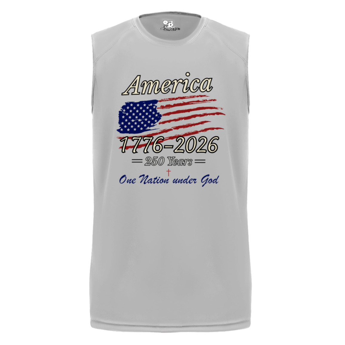 Silver sleeveless performance tee featuring distressed American flag graphic and America 2025 patriotic design.