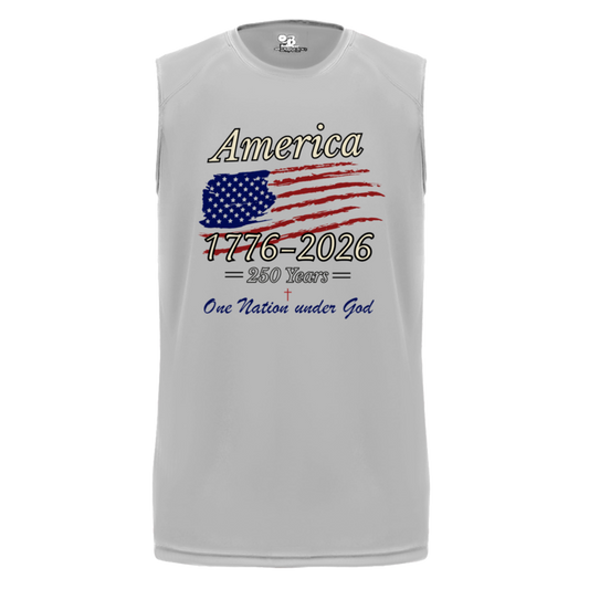 Silver sleeveless performance tee featuring distressed American flag graphic and America 2025 patriotic design.