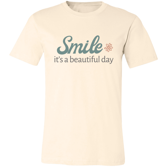 Natural color inspirational graphic t-shirt featuring the phrase “Smile It’s a Beautiful Day”