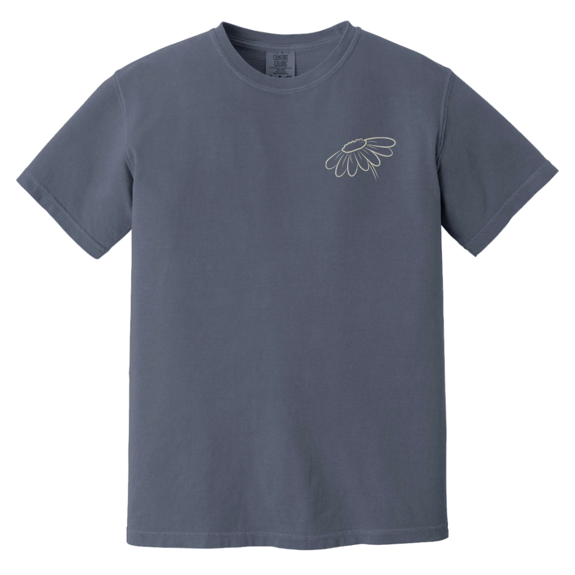 Front of Denim Comfort Colors T-shirt featuring a small outlined wildflower design on the left chest.