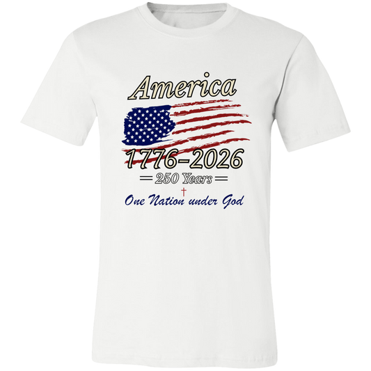 White Bella+Canvas unisex t-shirt featuring the America 250 One Nation Under God patriotic graphic design.

