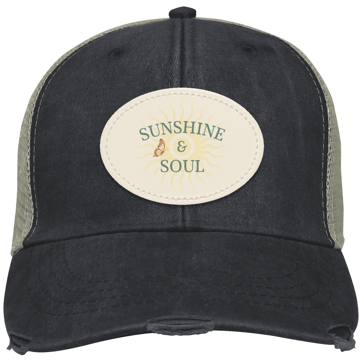 Black vintage distressed trucker cap featuring an oval Sunshine & Soul sublimated vegan leather patch.