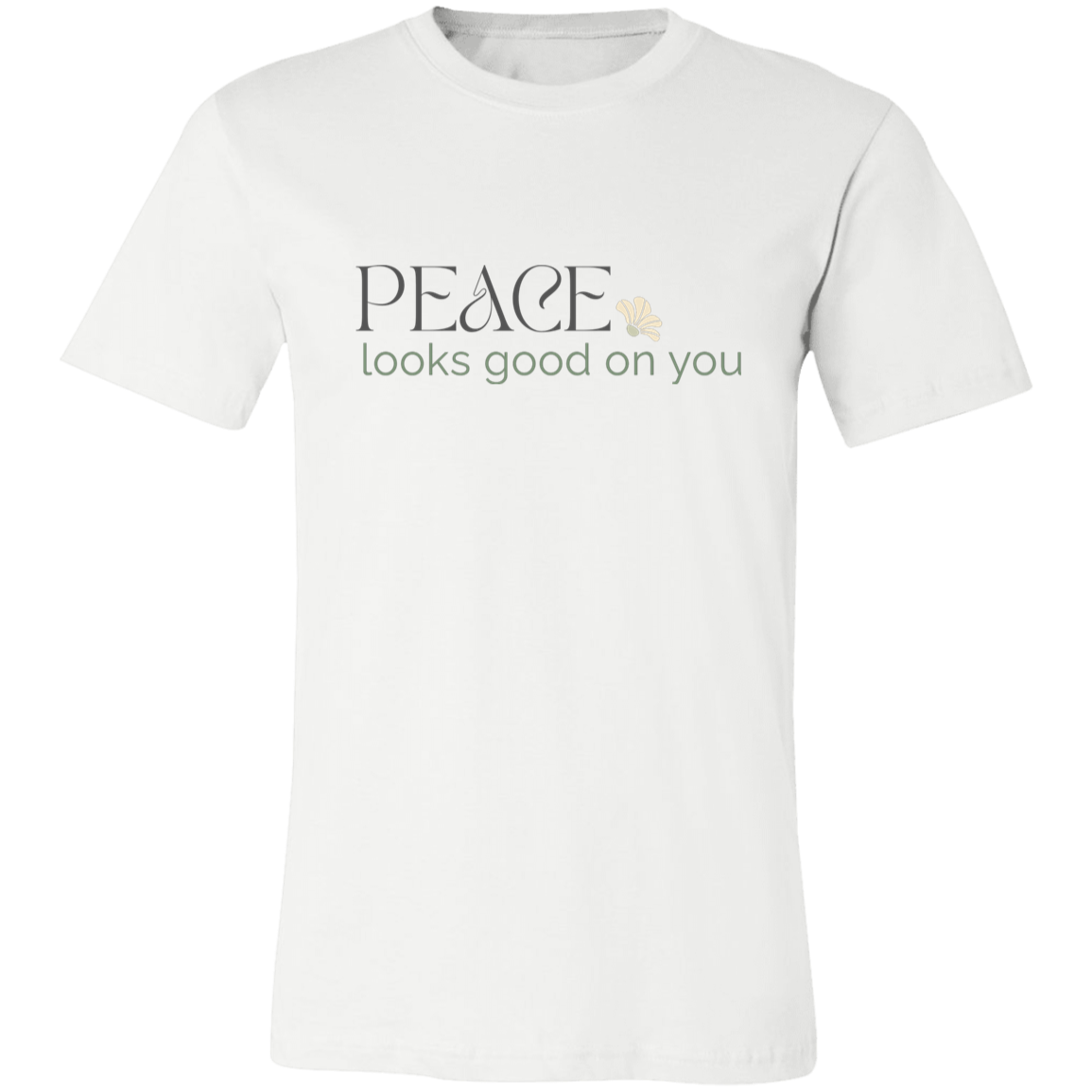 Peace Looks Good on You graphic t-shirt in White featuring a minimalist inspirational graphic design.