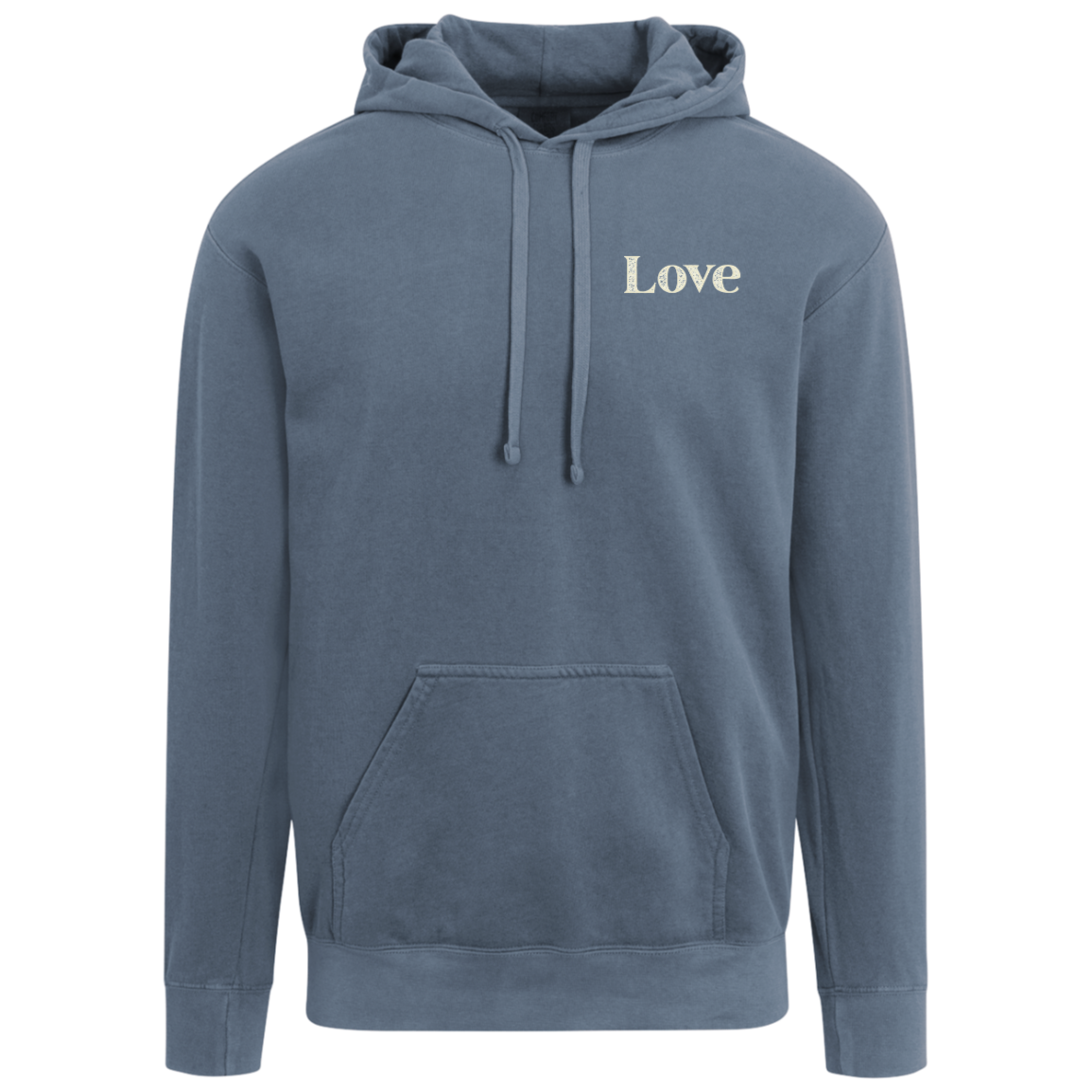 Blue Jean Comfort Colors hoodie with a small distressed cream Love design on the front left chest.