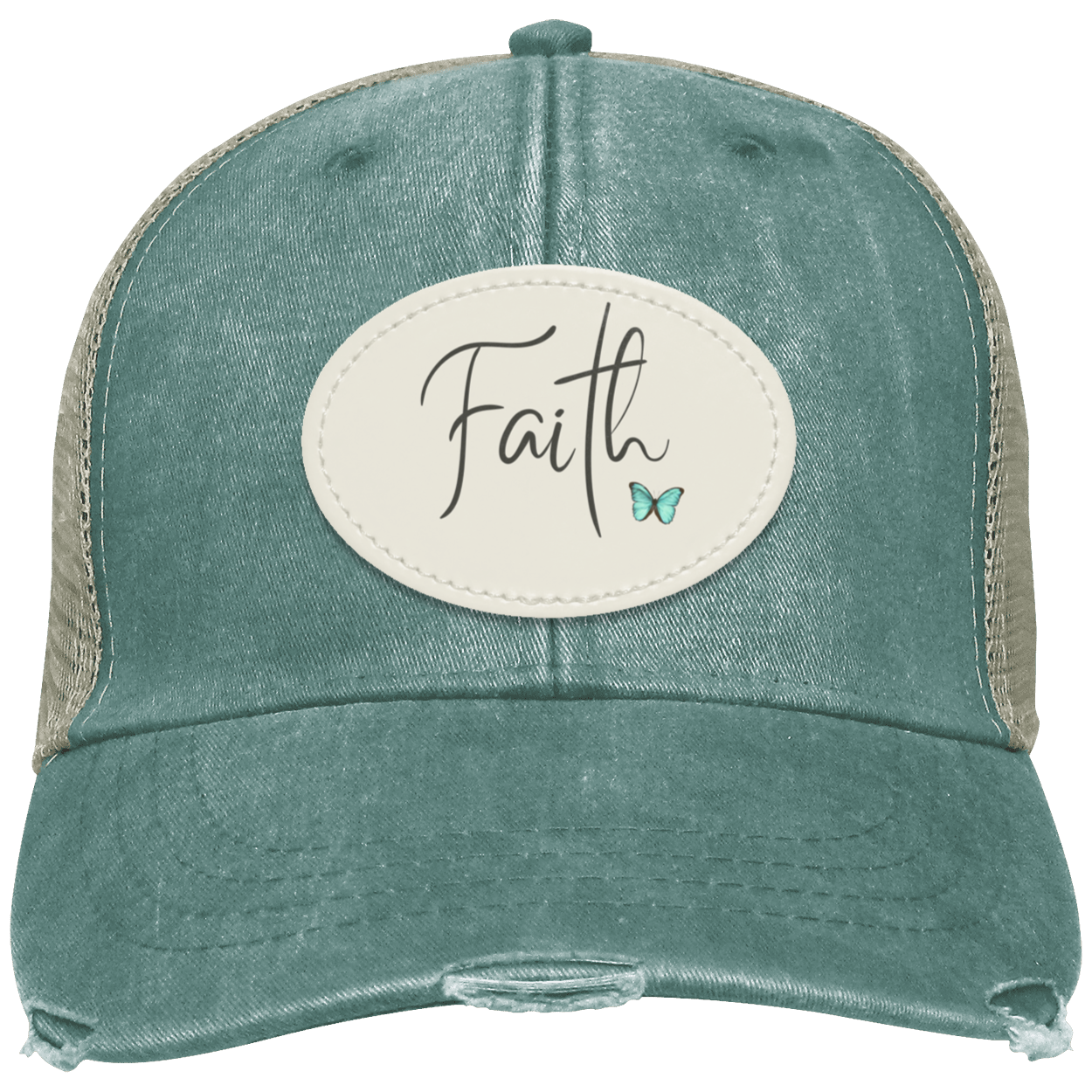 Forest distressed trucker cap featuring an oval sublimated vegan leather patch with a delicate faith design.