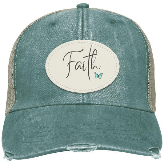 Forest distressed trucker cap featuring an oval sublimated vegan leather patch with a delicate faith design.