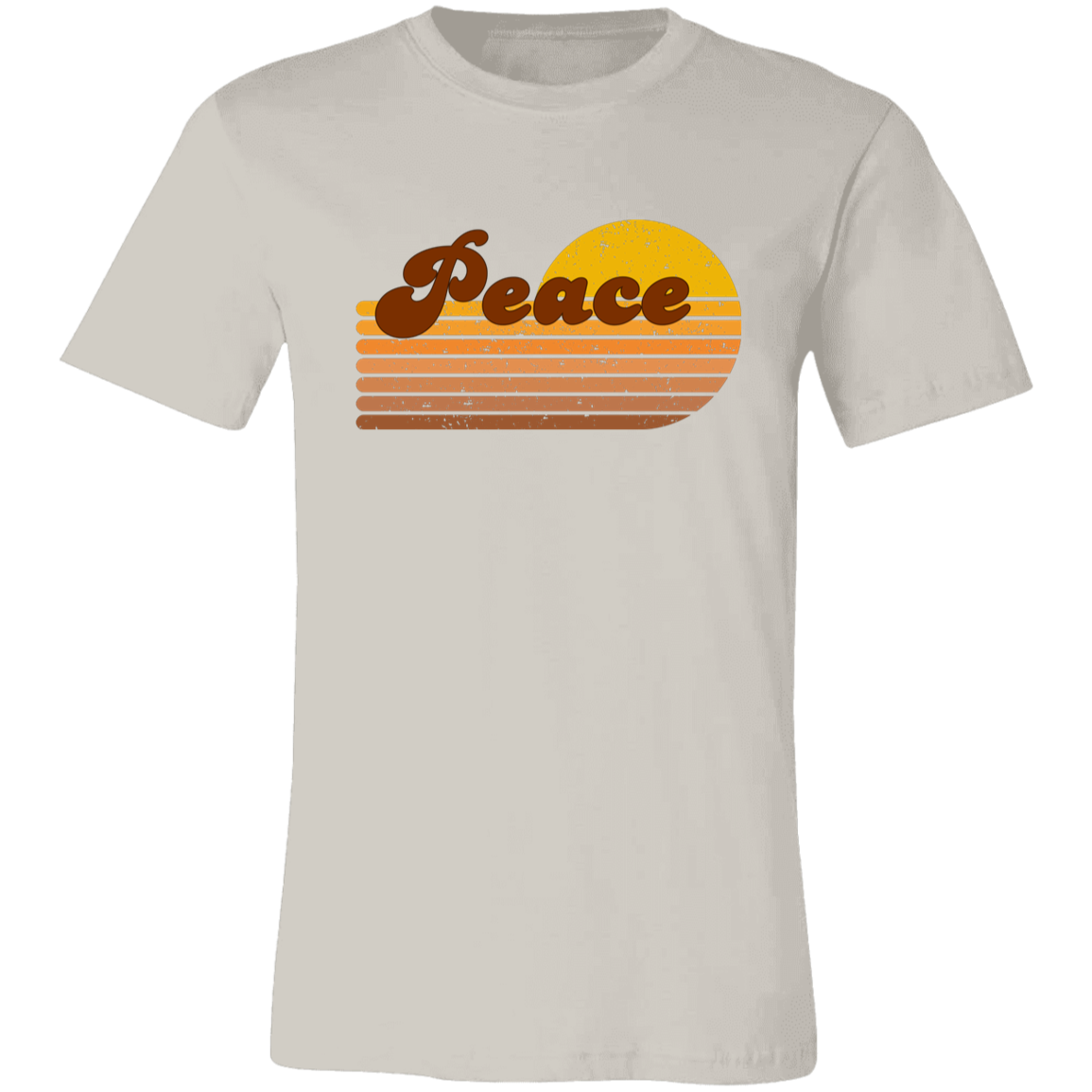Vintage white Peace Retro Revival Graphic Tee featuring distressed retro lettering and vintage sunset stripes on a Bella + Canvas shirt