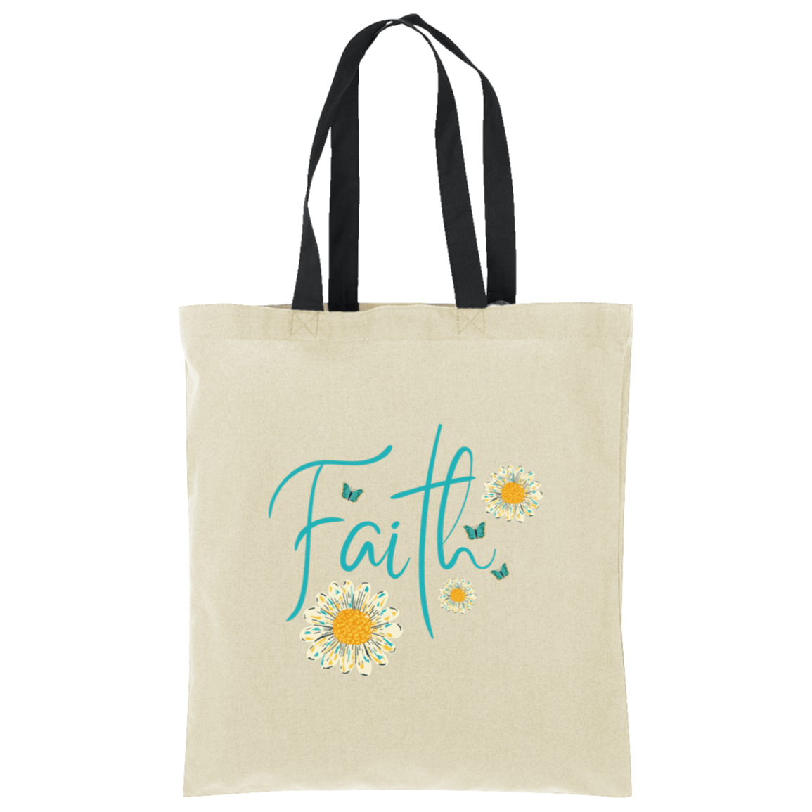 Faith floral inspirational canvas tote bag in natural with black straps
