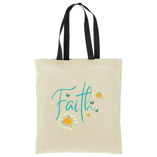 Faith floral inspirational canvas tote bag in natural with black straps
