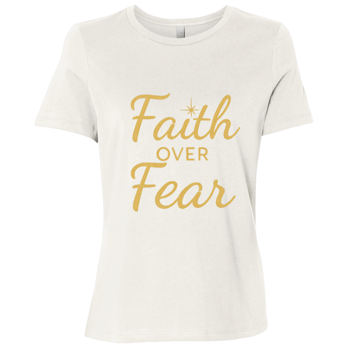 Vintage white t-shirt with 'Faith Over Fear' text in gold 