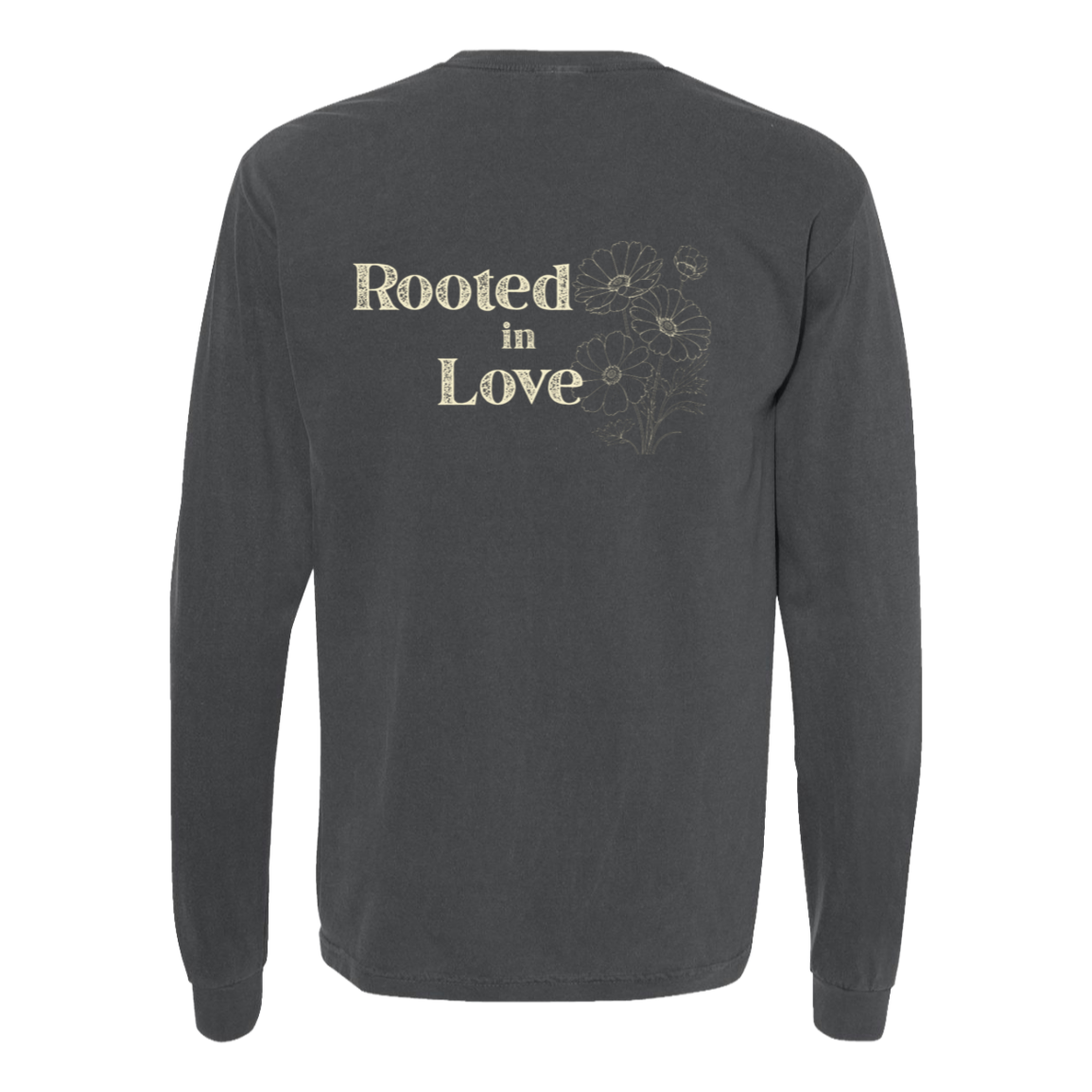 Pepper Comfort Colors long sleeve with Rooted in Love floral artwork printed on the back.