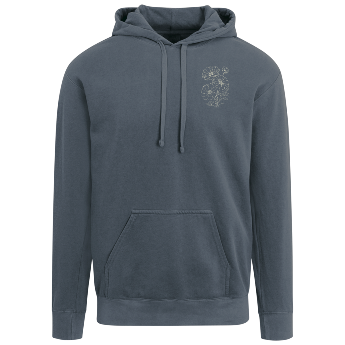 Denim Comfort Colors hoodie featuring vintage-inspired floral artwork.
