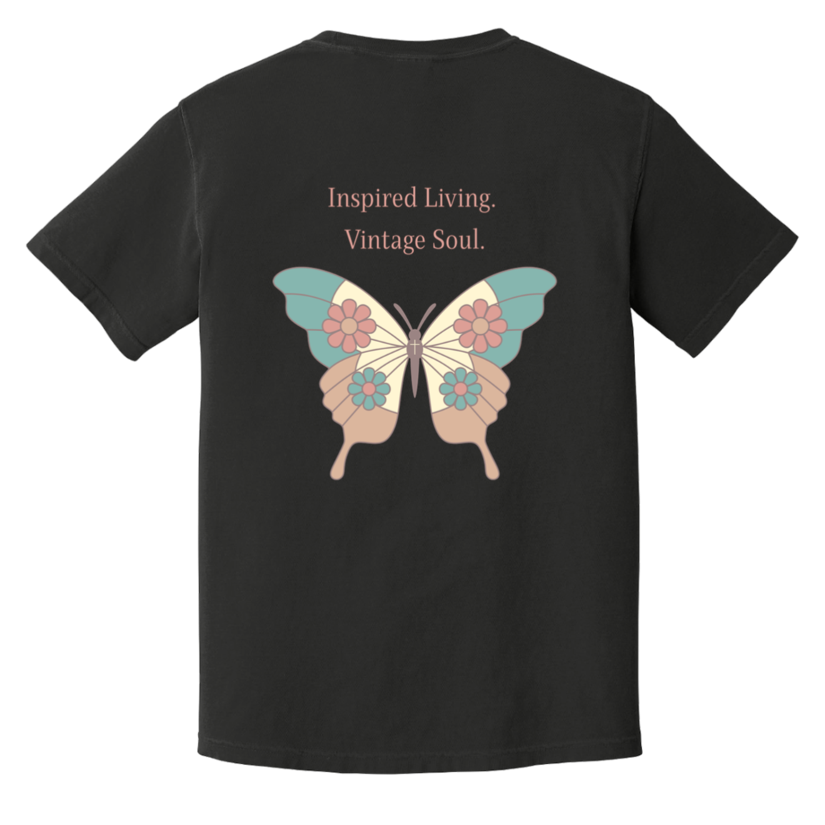 Comfort Colors Black t-shirt featuring a large vintage butterfly design and Inspired Living Vintage Soul message on the back with coordinating left chest detail.