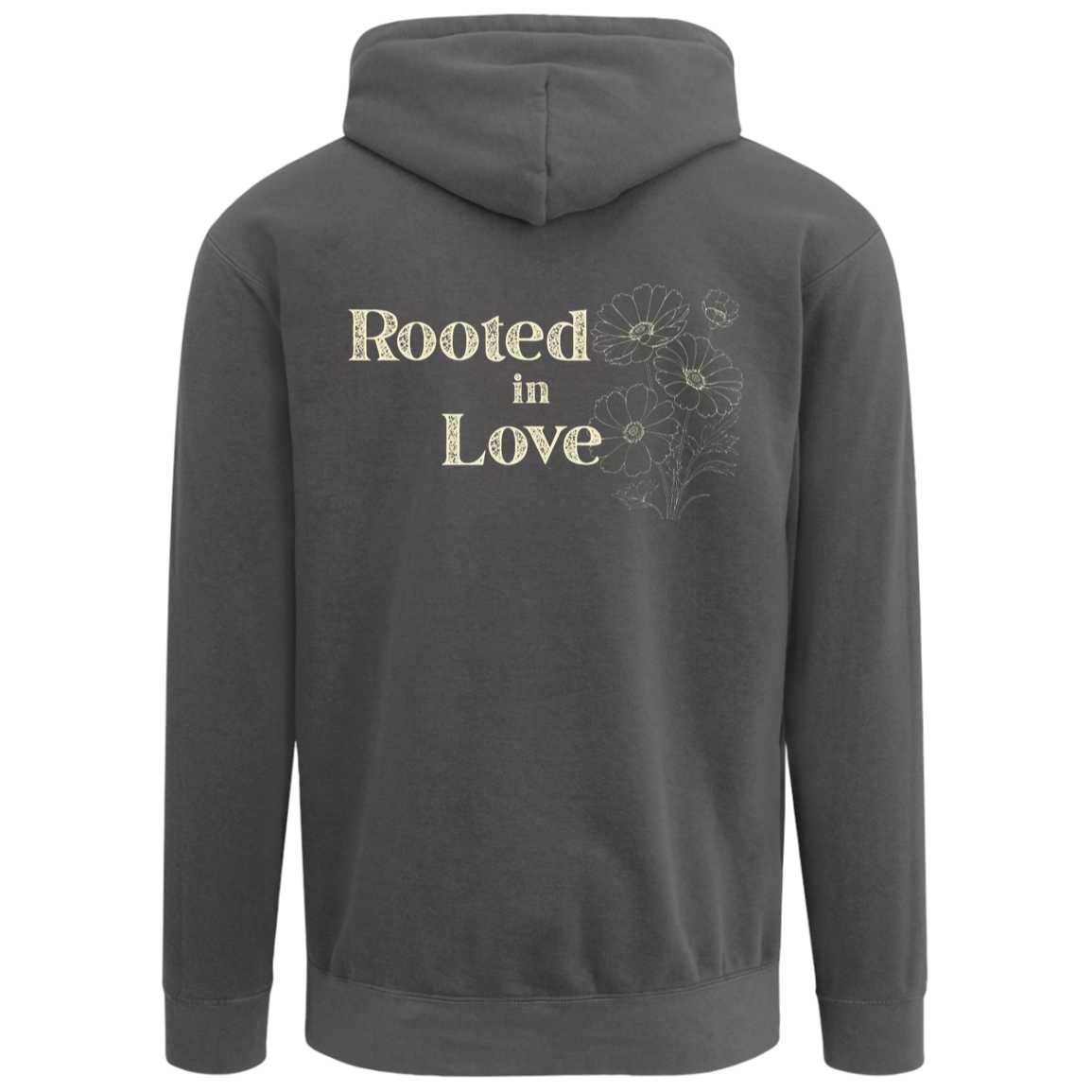Back view of Comfort Colors Pepper hoodie featuring large Rooted in Love floral graphic in a warm vintage home setting.