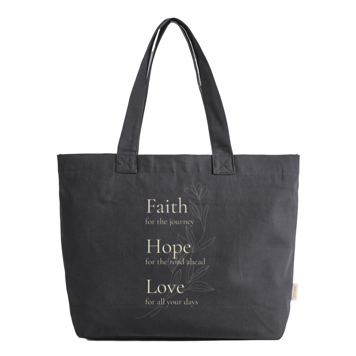 Graphite Comfort Colors zip tote bag with cream Faith, Hope, Love floral design and inspirational message. Durable canvas tote for everyday use, travel, church, shopping, and gifting.